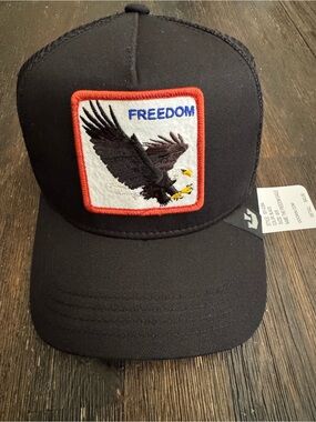 Goorin Bros Black Trucker Hat with Freedom Eagle Patch